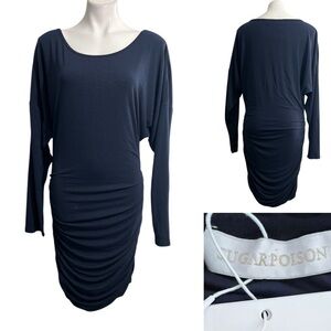 Sugar Poison sweater dress XL Navy Blue Ruched cocktail casual winter/fall